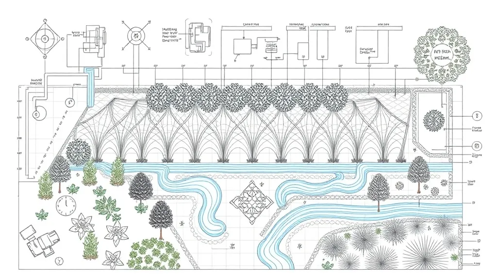 Technical diagram of a landscape irrigation system with geom