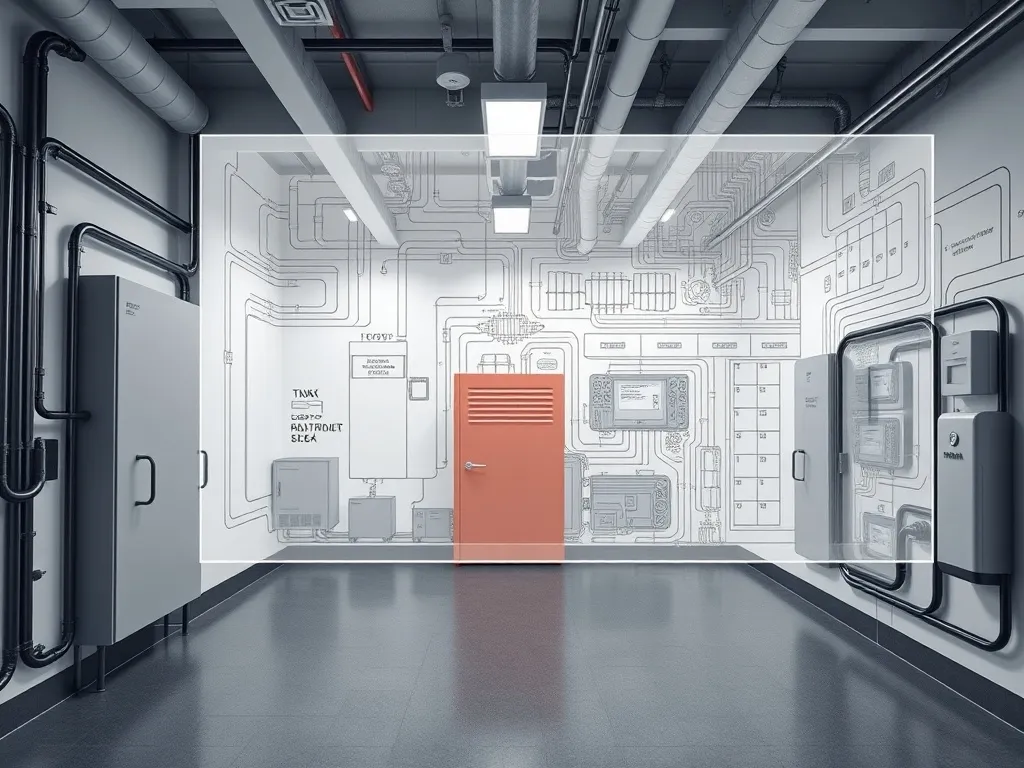 A technical blueprint overlaying a photo of a clean, modern