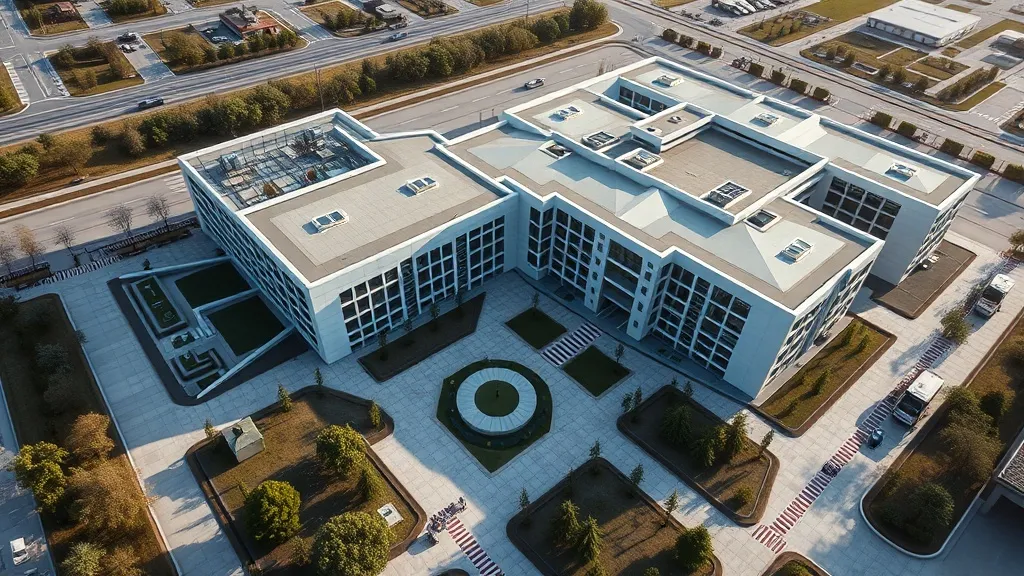 Aerial technical view of a modern building complex with clea