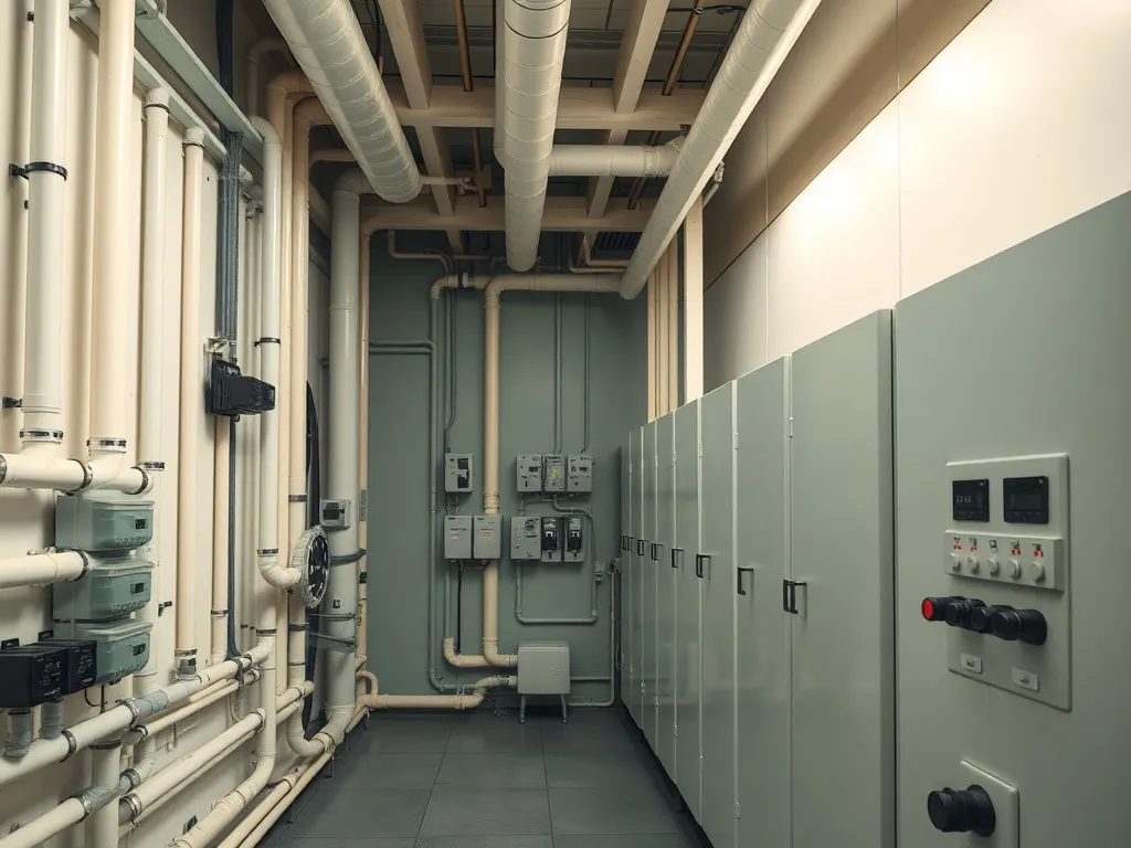 A high-angle architectural shot of a modern utility room wit