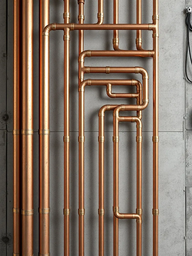 Industrial copper water pipes arranged in a precise geometri
